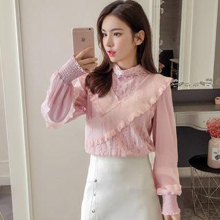Puff-sleeve Ruffle Trim Lace Blouse