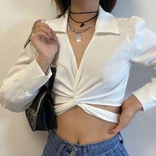 Long-sleeve Open-collar Twist Crop Top