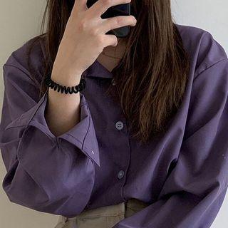 Plain Single-breasted Long-sleeve Blouse Purple - One Size