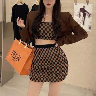 Check Strapless Top / Pencil Skirt / Blazer / Set