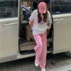 Short-sleeve Heart Print T-shirt / Gingham Wide Leg Pants