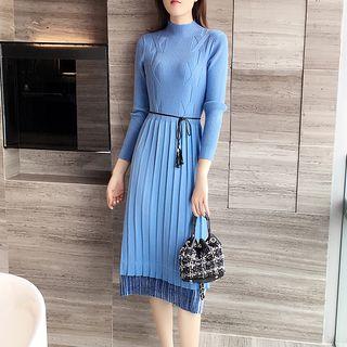 Long-sleeve Mock-neck Paneled Midi A-line Knit Dress