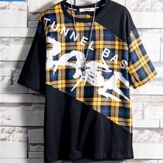 Lettering Lattice Elbow-sleeve T-shirt