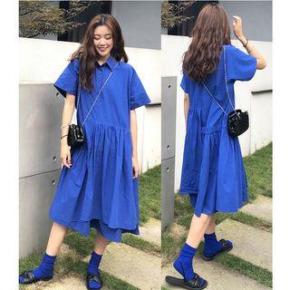 Plain Elbow Sleeve Collared Dress