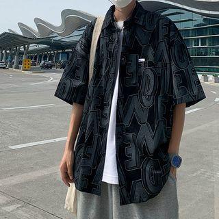 Short Sleeve Lettering Corduroy Shirt