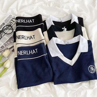 Set: Short-sleeve Embroidered Polo Collar Top + Skirt