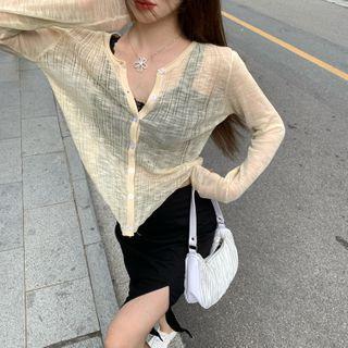 Cropped Camisole Top / Slit Midi Straight-fit Skirt / Knit Cardigan