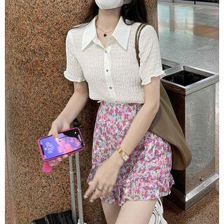 Short Sleeve Blouse / Floral Print Mini Skirt
