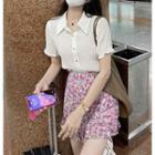 Short Sleeve Blouse / Floral Print Mini Skirt