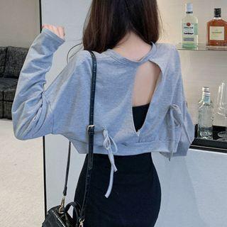 Set: Open-back Cropped Sweater + Spaghetti-strap Mini Sheath Dress