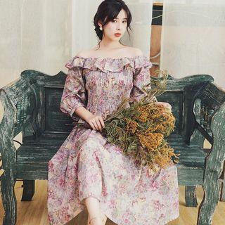 3/4-sleeve Ruffled Floral A-line Midi Dress