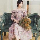 3/4-sleeve Ruffled Floral A-line Midi Dress