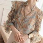 3/4-sleeve Printed Lace Trim Ruffle Blouse