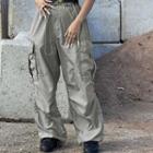 Plain High Waist Wide-leg Side Pocket Pants