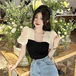 Short-sleeve Square-neck Dotted Top