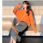 Set: Crew-neck Sweater + Color Block Straight-fit Knit Skirt