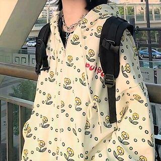 Loose-fit Zip-up Flower Printed Hoodie As Shown In Figure - One Size