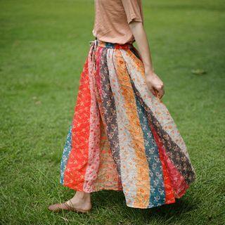 Floral Print Maxi A-line Skirt Red & White - One Size
