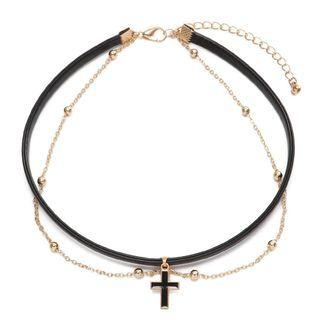 Cross Beaded Layered Choker Black & Gold - One Size