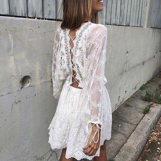 Cross Back Long-sleeve Lace Dress