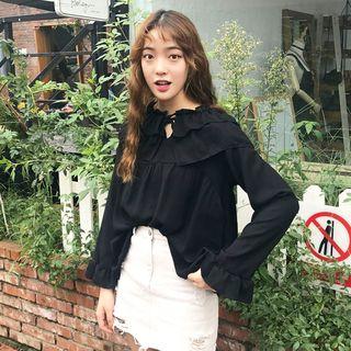 Long-sleeve Tie-neck Ruffle Top