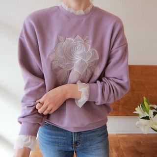 Mesh-trim Floral Embroidered Sweatshirt
