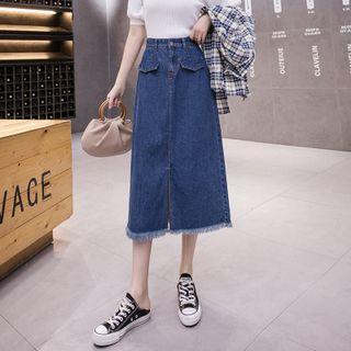 Denim Frayed Midi Skirt