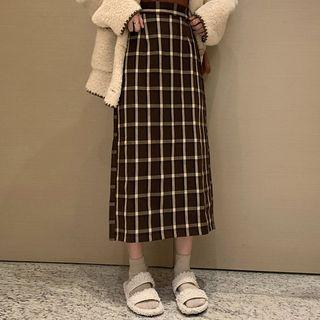 Single-breasted Fleece Jacket / Plaid Straight-fit Midi Skirt