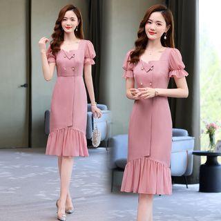 Puff Sleeve Square Neck Double Breasted Flared Shift Dress