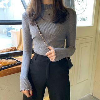 Wood Ear Trim Semi High-neck Long-sleeve Knit Top