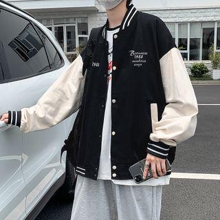 Lettering Embroidered Color Block Baseball Jacket