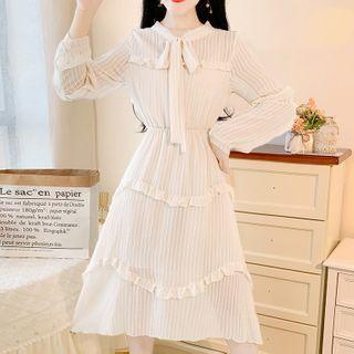 Bow-accent Smocked Panel Striped Chiffon A-line Dress