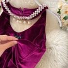 Sleeveless Faux-pearl Velvet Slim-fit Halter Dress