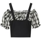 Mock Two-piece Short-sleeve Plaid Panel Suspender Cropped Shirt