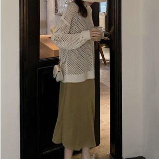 Long-sleeve Perforated Knit Top / Spaghetti Strap Midi Dress