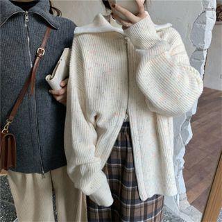 Long-sleeve Plain Knit Zip Hooded Jacket