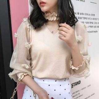Flower Applique 3/4-sleeve Knit Top