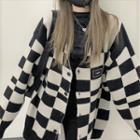 V-neck Checkerboard Cardigan Checkerboard - Black & Gray - One Size