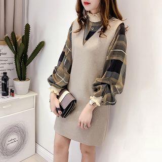 Set: Long-sleeve Plaid Blouse + Sleeveless Dress