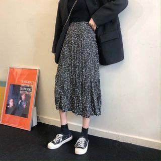 Floral Print Crinkle Midi A-line Skirt Black - One Size