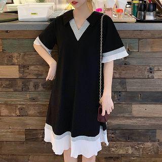 Contrast Trim V-neck Frilled Short Sleeve Dress