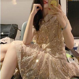 Short-sleeve Mini Sequined Shirtdress