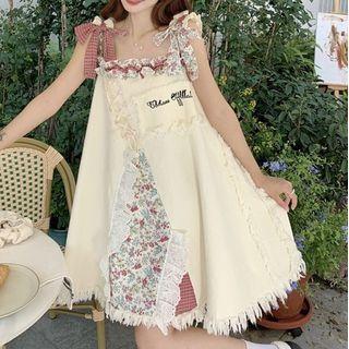 Sleeveless Floral Panel Fringed Trim Mini Smock Dress
