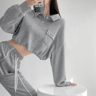 Waffle Drawstring-hem Cropped Polo Shirt