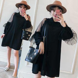 Long-sleeve Mesh Panel Shirt Dress