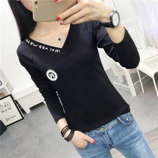 Lettering Long Sleeve V-neck T-shirt