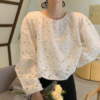 Long-sleeve Eyelet Lace Blouse Almond - One Size