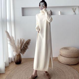 Turtleneck Knit Slit Midi A-line Dress