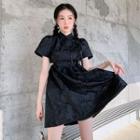 Puff-sleeve Cut-out Mini A-line Qipao Dress