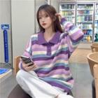 Long-sleeve Polo Collared Striped Knit Top